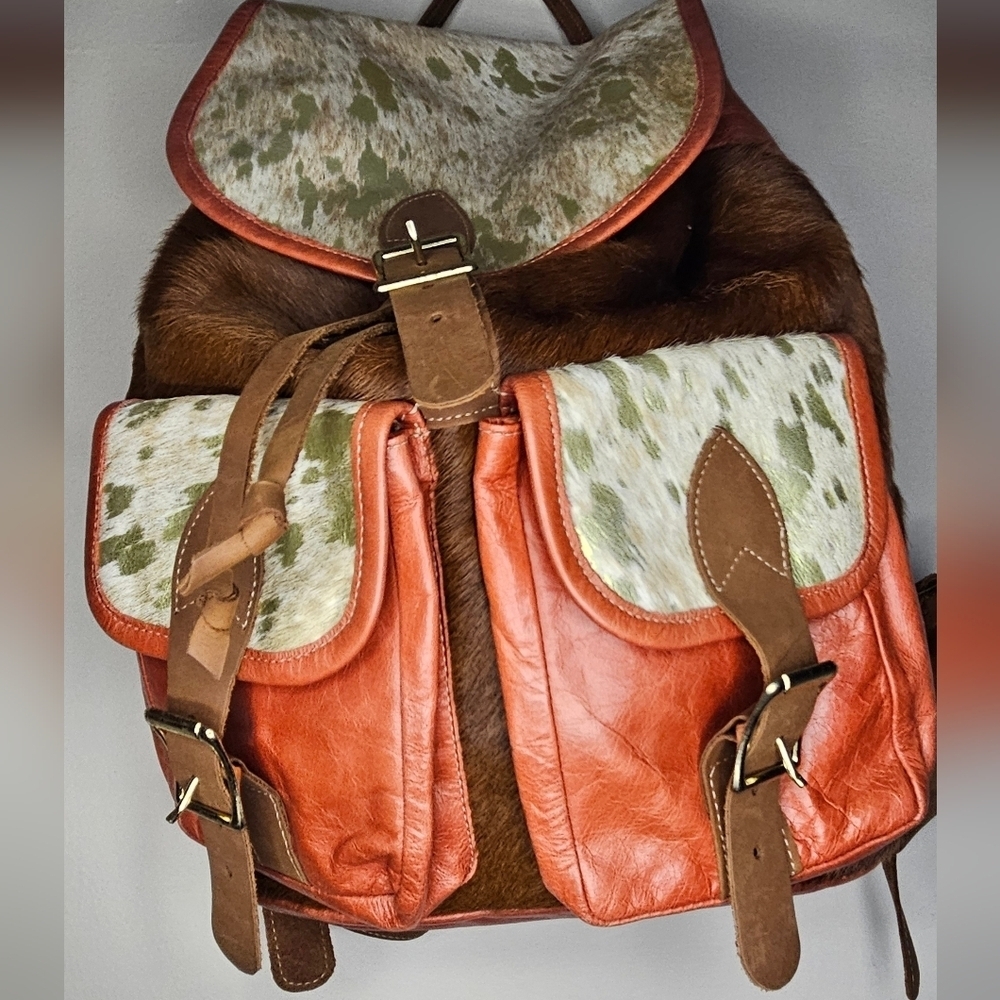 Authentic Hair-On Cowhide Leather Backpack Rustic Western Travel Bag Made in USA - Picture 2 of 13